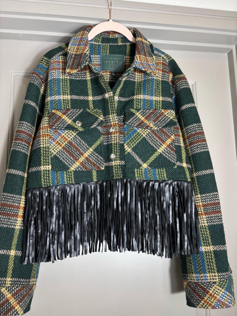 NWT BLANKNYC Cropped Plaid Wool Blend Fringe Jacket – Size Large